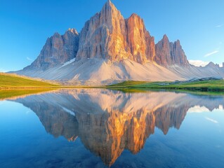 Majestic Mountain Landscape Bathed in Golden Sunset Glow with Tropical Sunlight Reflection