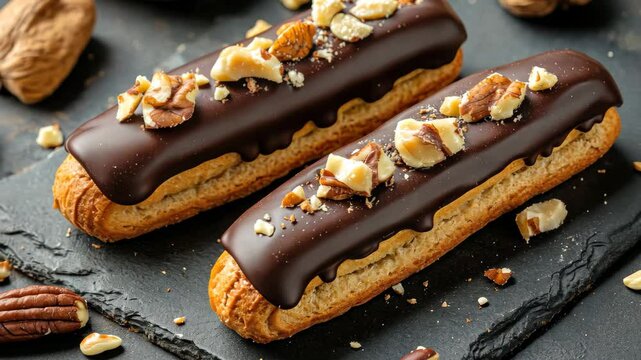 Chocolate eclairs topped with nuts on a dark surface perfect for gourmet dessert lovers, Chocolate eclairs with nuts on dark surface, gourmet pastry