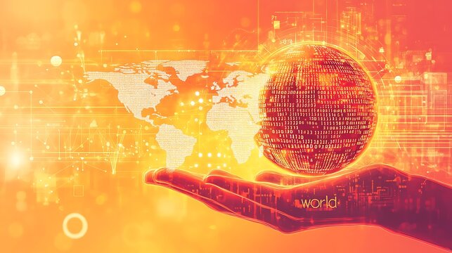 A digital illustration of the Earth with binary code background