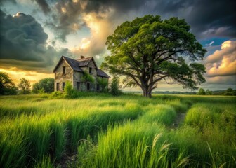 Obraz premium Nature reclaims abandoned buildings; green oak trees sprout amidst decaying walls, a photographer's urban exploration dream.