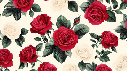 Elegant Red and White Roses Floral Pattern Seamless Design
