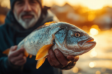 Man proudly holding a large fish, smiling brightly against a scenic river backdrop.