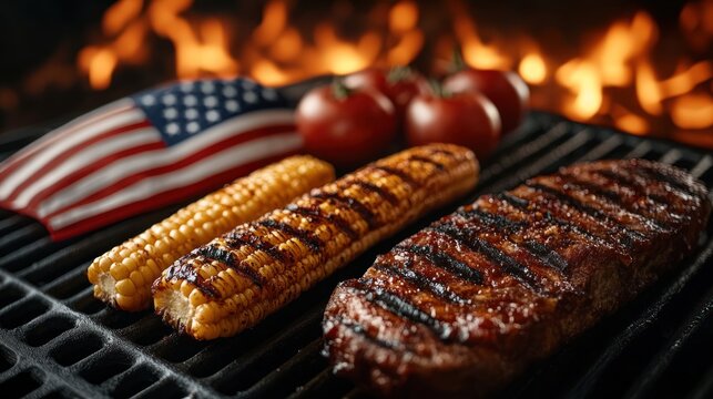 4th of July Backyard BBQ with Grilled Food and American Flags for USA Independence Day Celebration