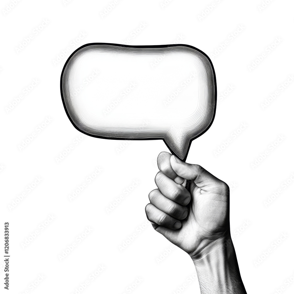 Poster A grayscale image showcases a hand holding a blank speech bubble, symbolizing communication and potential dialogue.