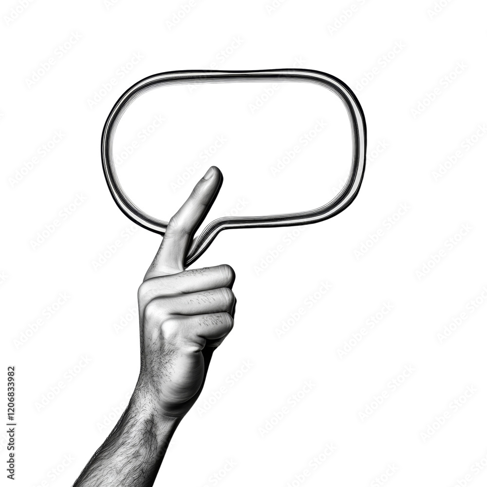 Aufkleber a hand points to a blank speech bubble representing communication or the sharing of ideas.