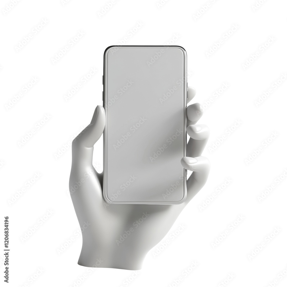 Poster a minimalist 3d rendering shows a white hand holding a blank smartphone with a white screen against 