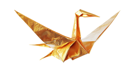 Gold Origami paper Crane isolated on white background 