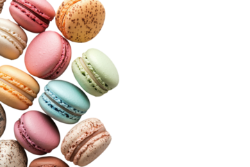 Colorful macarons arranged artfully on a white background for an inviting dessert display