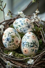 Eggs decorated with delicate watercolor flowers and delicate green leaves, located in a nest of moss and twigs