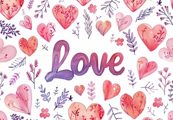 Colorful Watercolor Love Design with Pink Hearts and Floral Patterns