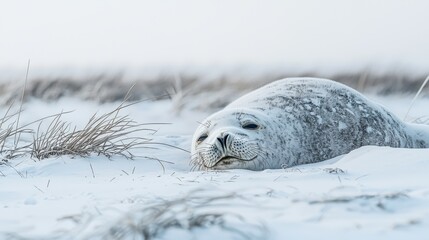 Obraz premium A seal rests peacefully on a snowy landscape, blending into the white surroundings. The serene scene captures the beauty of wildlife in winter.