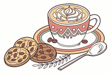 Lineart Coffee Cup with Biscuits and Sweets vector