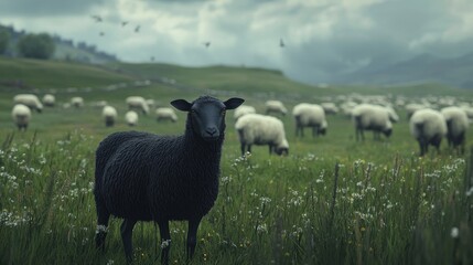 Obraz premium A solitary black sheep stands out in a lush green field surrounded by its flock under a dramatic, cloudy sky, showcasing nature's beauty.
