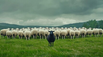 Obraz premium A striking scene of a black sheep standing out among a flock of white sheep in a lush green field, set against a moody sky.