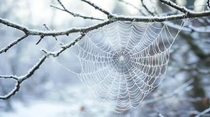 A stunning spider web glistening with ice crystals, intricately woven on a branch in a beautiful winter landscape adorned with soft snow.