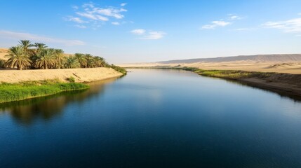 Obraz premium Serene Oasis Landscape with Calm River and Lush Palm Trees Under Clear Blue Sky in Desert Region Invoking Peace and Tranquility Ideal for Nature and Travel Themes