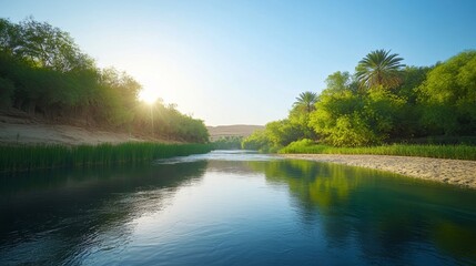 Fototapeta premium Serene Morning at a Tranquil River Oasis Surrounded by Lush Greenery and Palm Trees in a Desert Landscape under a Clear Blue Sky