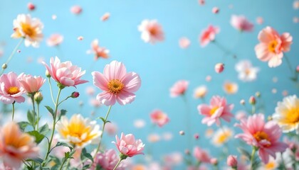 Against a blue background, pink flowers flutter in the air, representing the celebration of International Women's Day