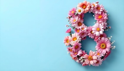 The number eight crafted from flowers on a blue background, representing the spirit of International Women's Day