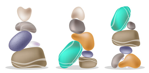 Multi colored sea stones stacked in vertical pyramids. Carefully stacking of river pebbles into balancing pile. Simple flat vector isolated on white background