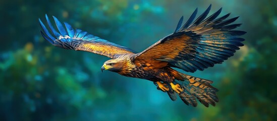 Majestic Eagle Soaring Through Forest with Lush Green Foliage and River in Background: Symbolizing Freedom, Power, and Strength. Ideal for Advertising, Magazines, or Corporate Settings.
