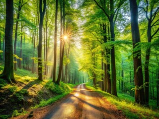 Obraz premium Sun-dappled forest path, deep depth of field showcasing summer woods' scenic beauty.