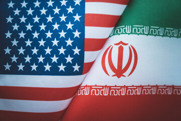 United States of America flag and Iran flag together. concept of interaction or counteraction...