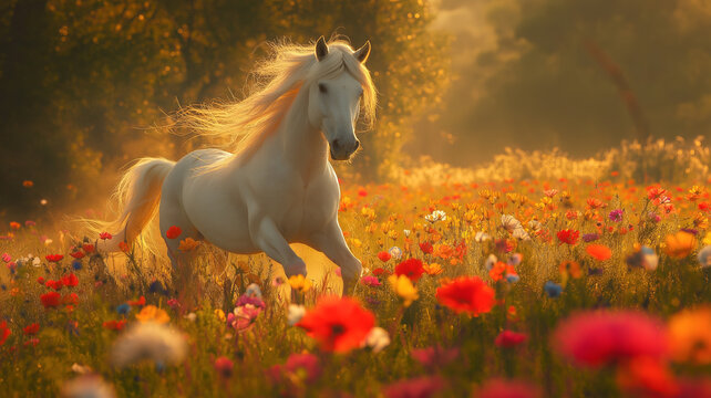 A majestic white horse gallops gracefully through a vibrant meadow filled with colorful flowers, bathed in golden sunlight at sunset.