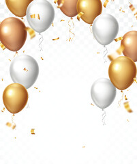 Gold confetti and ribbon celebrations balloons, isolated on transparent background