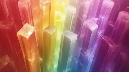Vibrant rainbow-colored crystal columns with a translucent appearance, creating a mesmerizing and abstract geometric design.
