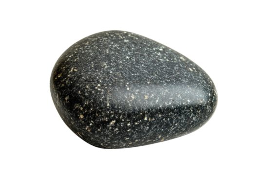 Unique smooth black stone with speckles resting on a white background, highlighting its natural beauty and texture