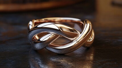 A ring with intertwined loops in contrasting metal tones.