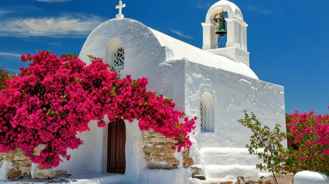 Whitewashed church adorned with vibrant bougainvillea in Paros, Cyclades under clear blue skies, Church in Greece Paros island of Cyclades in Mediterranean sea Travel site