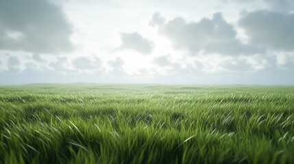 Fototapeta premium A sea of green rice plants stretching into the distance under a cloudy sky.
