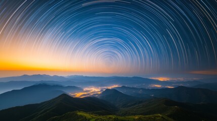 Stunning Night Sky with Star Trails Over Majestic Mountain Range and Vibrant Sunset Glow Forming a Breathtaking Landscape View of Nature's Beauty