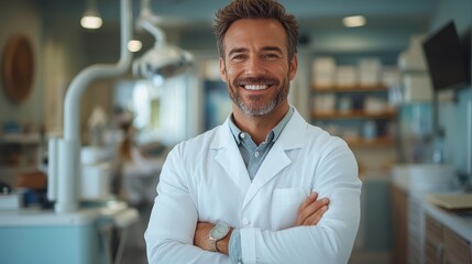 Obraz premium Portrait of a smiling male dentist in a white coat, professional and approachable healthcare setting