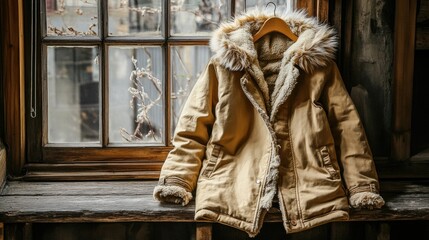 Fototapeta premium A thick, fur-lined parka placed on a rustic wooden bench near a window.