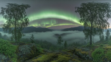 Enchanting Aurora Borealis Illuminating Mossy Rocks and Lush Greenery in Sunrise Glow