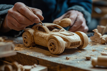 Man crafting a wooden toy car meticulously using small tools on a cluttered workshop table filled with wood shavings and pieces.
