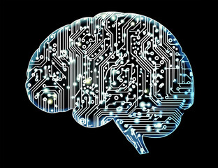 This image features a graphical representation of a human brain, intricately designed with interconnected circuits resembling a computer motherboard