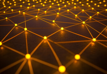 The image depicts a network of glowing nodes connected by thin, bright yellow lines, forming an intricate web-like structure