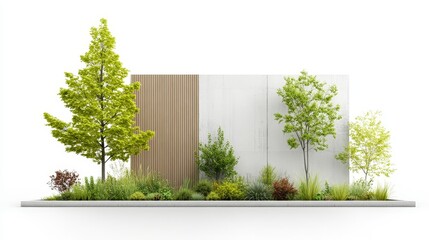 Obraz premium Contemporary landscape design with vibrant green trees, textured wall, and lush plants showcasing harmony between nature and modern architecture in a minimalistic setting