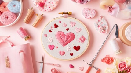Heart-Themed Embroidery Tools and Crafting Workspace