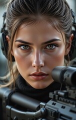 Professional Female Sniper in Action Precision Skill and Full Tactical Gear with Intense Focus