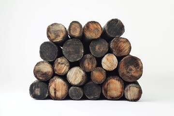 Stack of dark and light brown wood logs on white background.