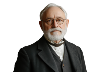 Elderly man with glasses and white beard dressed in vintage formal attire posing in a studio setting