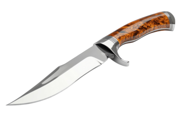 High-quality hunting knife with a polished blade and elegant wooden handle design displayed on a neutral background
