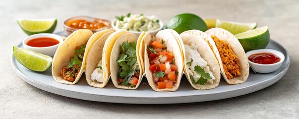 Taco platter with assorted fillings, lime wedges, and hot sauces