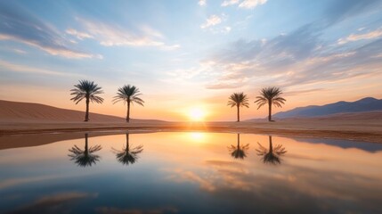 Serene Sunset Over Desert Oasis with Palm Trees and Tranquil Reflections in Calm Water Under a Beautiful Sky