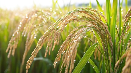 Dew-covered rice leaves in the early morning light with water droplets glistening.